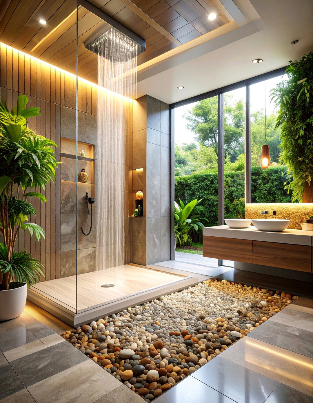 Mixed Stone Pebble Accent Strip with Contemporary Borders - 25 Stone Shower Design Ideas