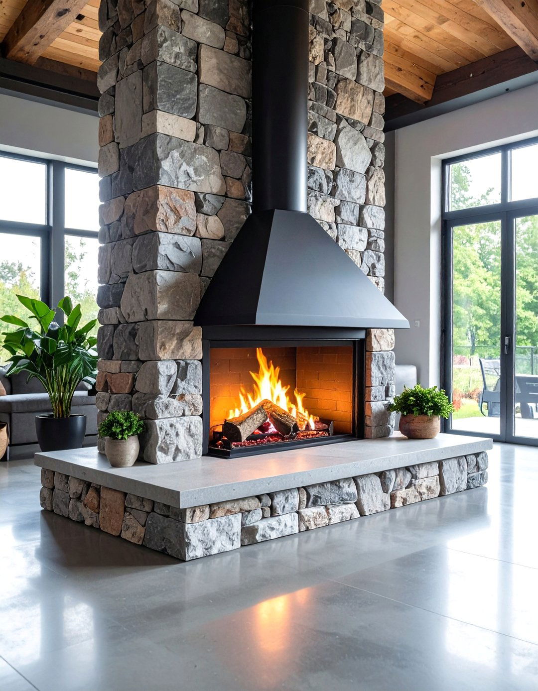 Mixed Stone and Steel Fireplace with Industrial Modern Design - 25 Floor-to-Ceiling Stone Fireplace Ideas