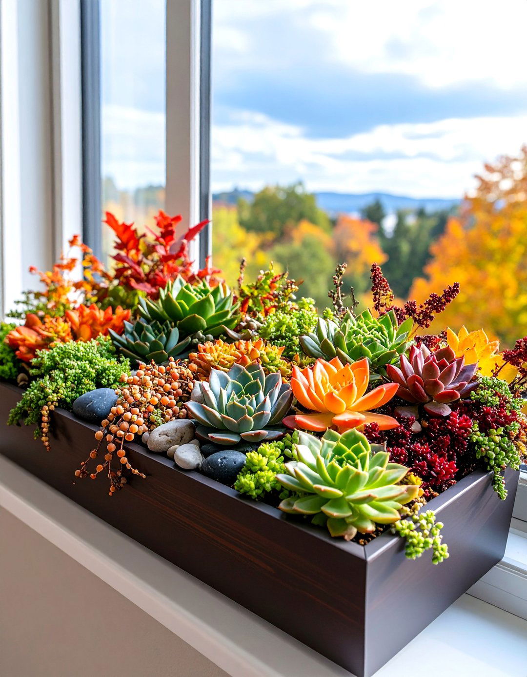 Mixed Succulent Fall Arrangement with Decorative Stones - 25 Fall Window Box Ideas