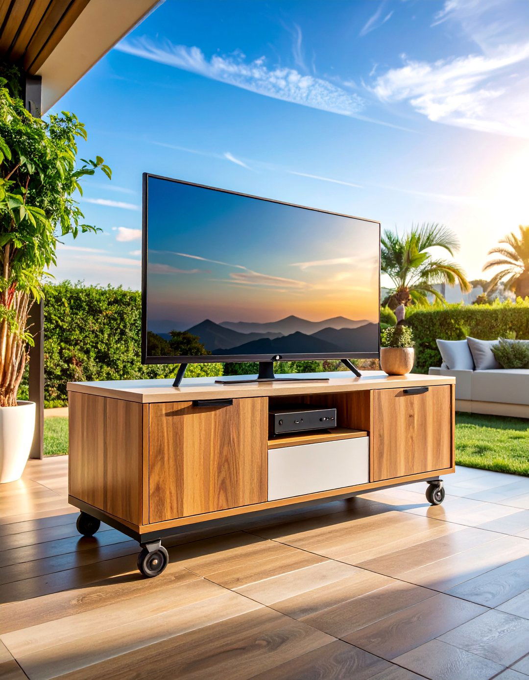 Mobile Outdoor TV Cart with Weather Storage Cabinet - 25 Outdoor Tv Ideas