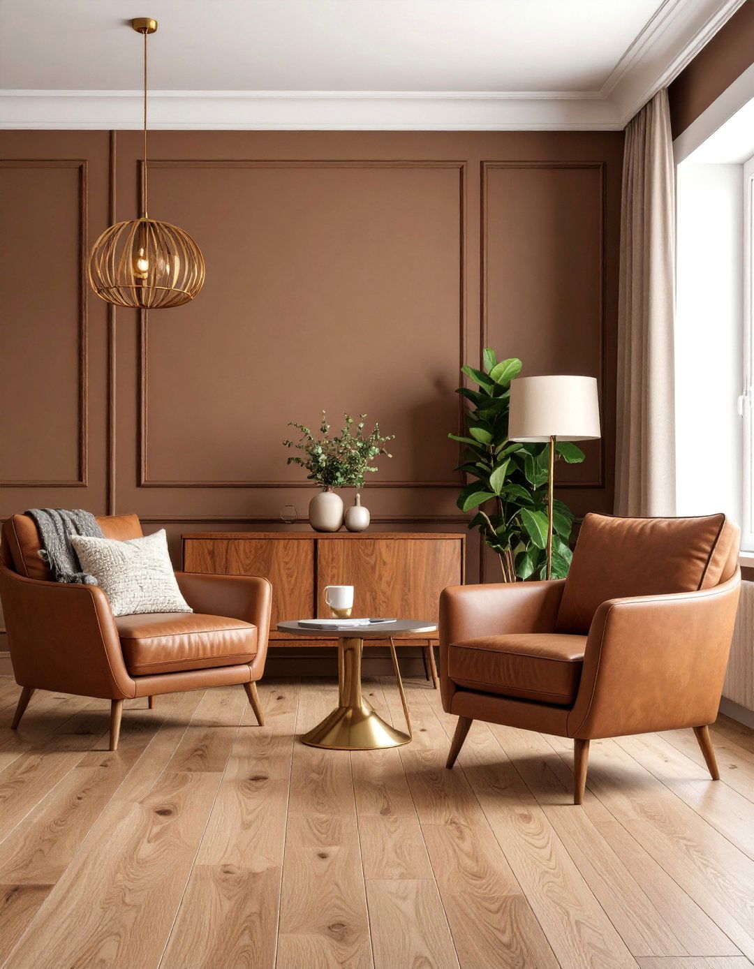 Mocha Mousse Walls with Light Oak Flooring - 25 Floor and Wall Color Ideas