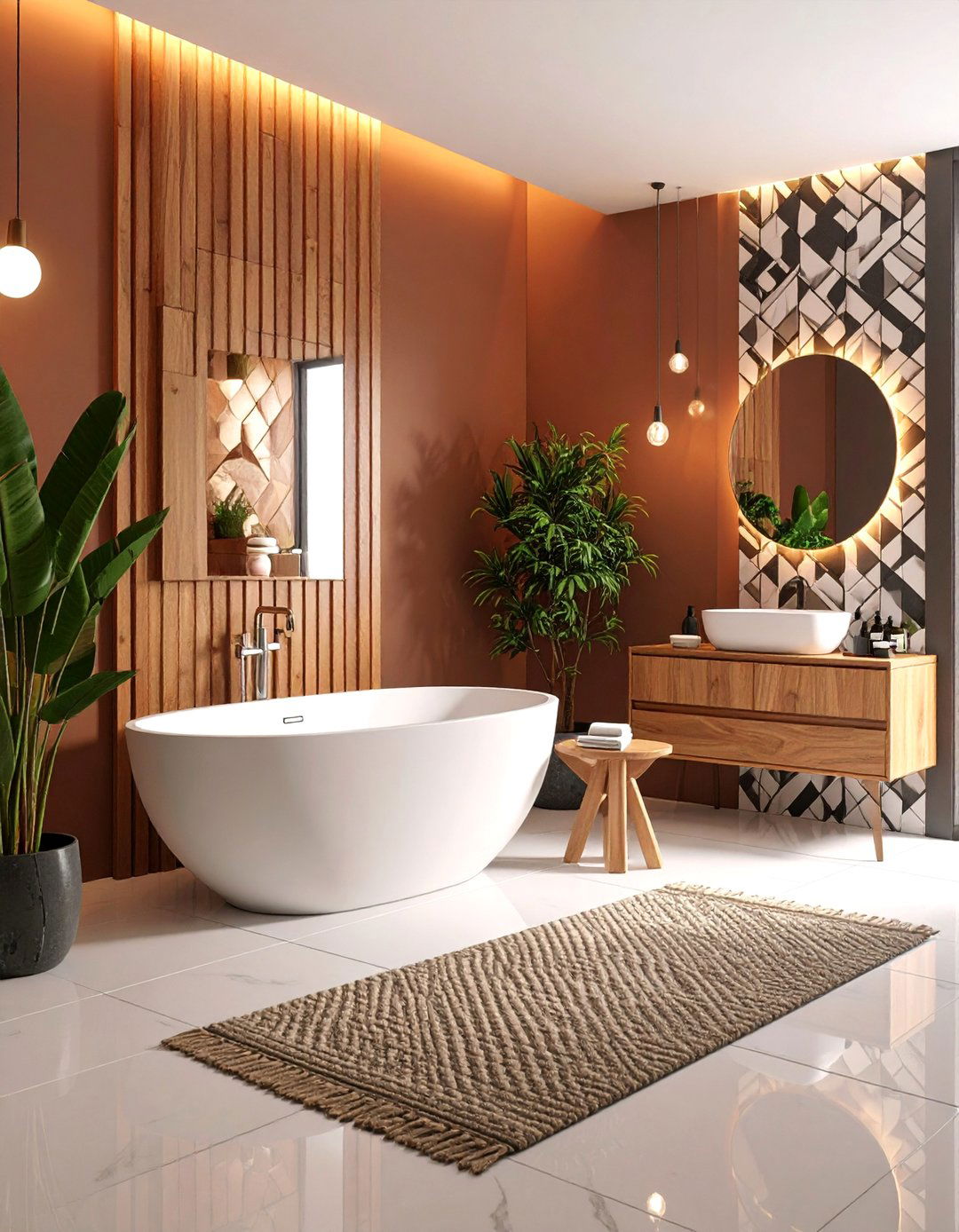 Mocha Walls with Black and White Geometric Patterns - 25 brown and black bathroom ideas