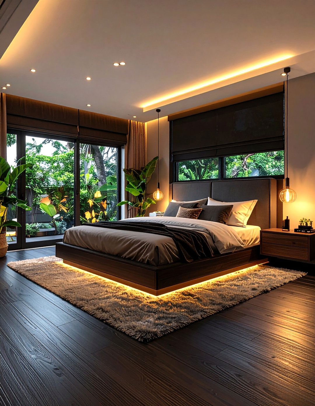 Modern Bedroom with Black Vinyl Plank Floors and Smart Lighting - 25 Black Floor Bedroom Ideas