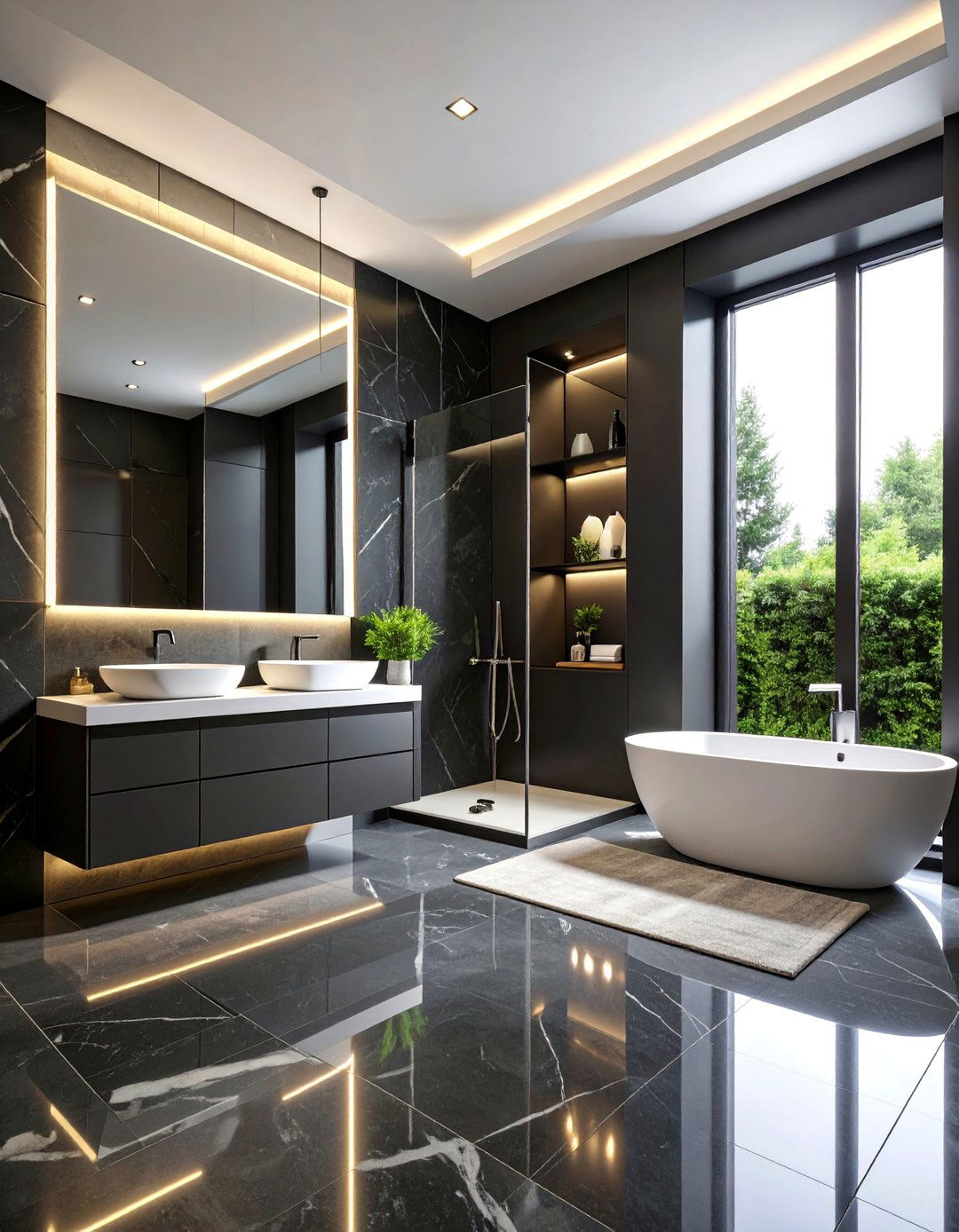 Modern Black Bathroom with Marble Details - 25 Black Room Ideas