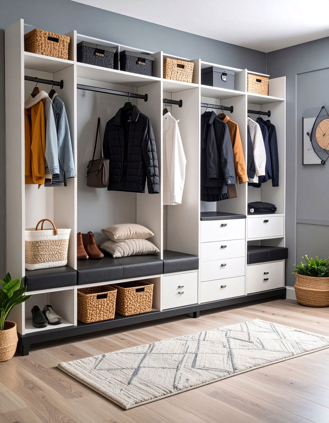 Modern Black Bench with White Built in Storage - 25 Black and White Entryway Design Ideas