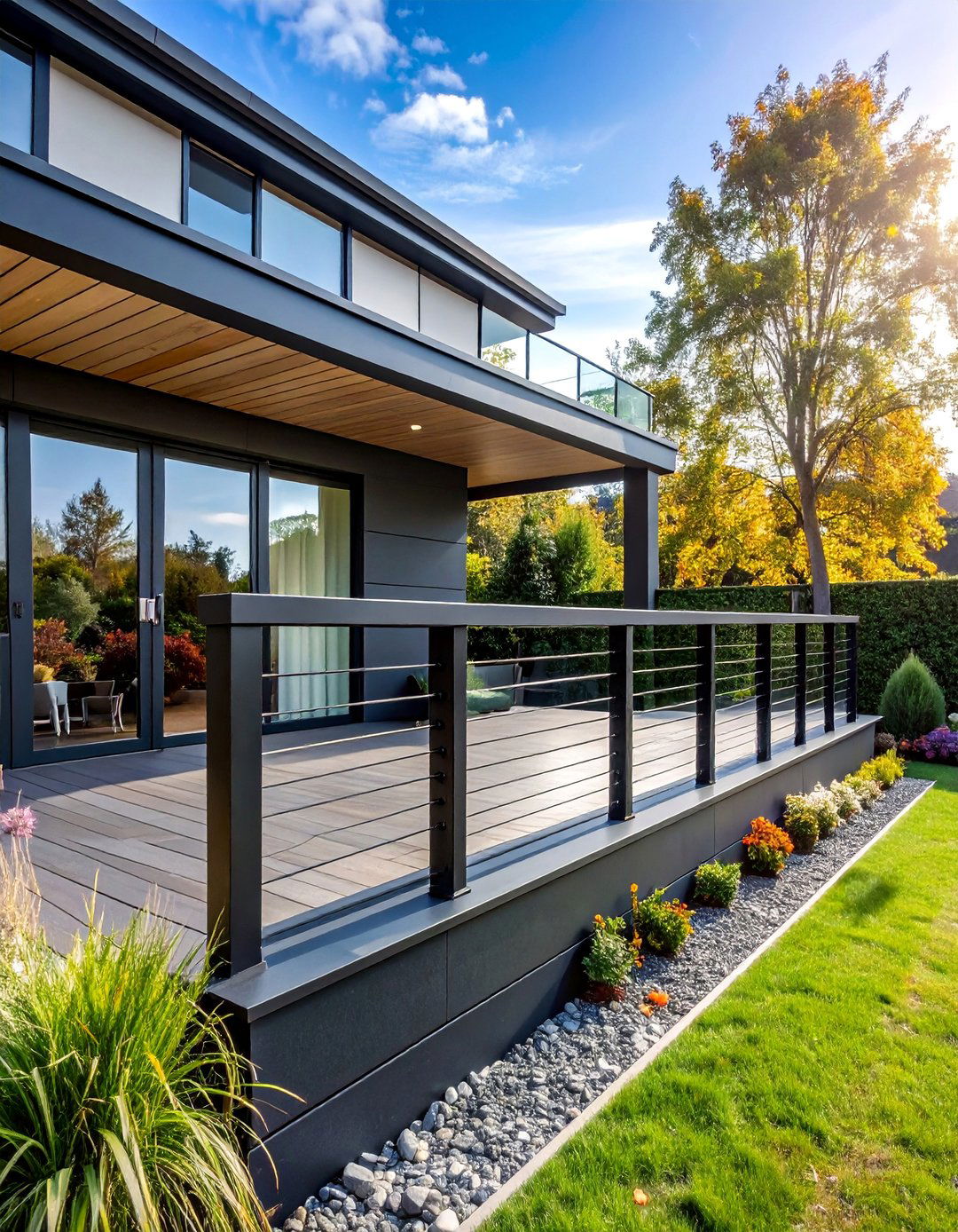 Modern Black Composite Deck with Cable Railing - 25 Black Deck Ideas