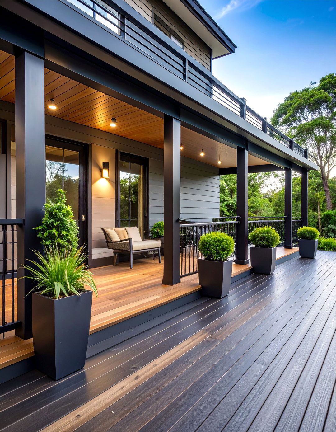 Modern Black Deck with Sleek Railings - 25 Black Porch Ideas