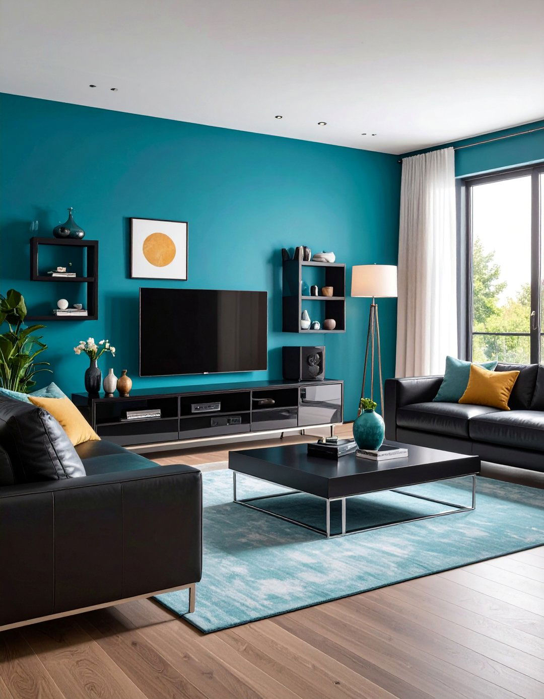 Modern Black Entertainment Center with Teal Blue Media Wall - 25 Black and Blue Living Room Ideas