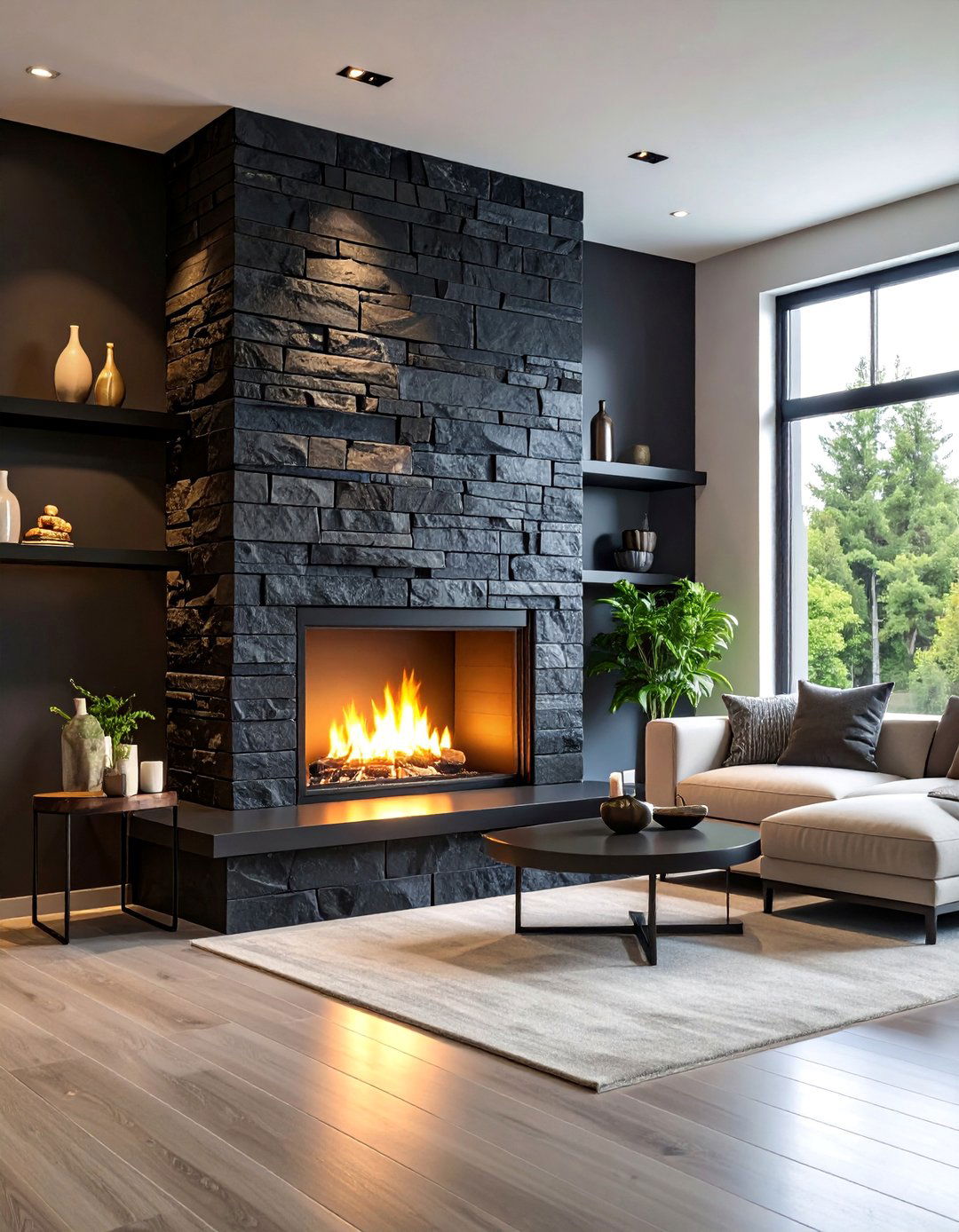 Modern Black Granite Stacked Stone Fireplace - 25 Black Stone Fireplace Ideas