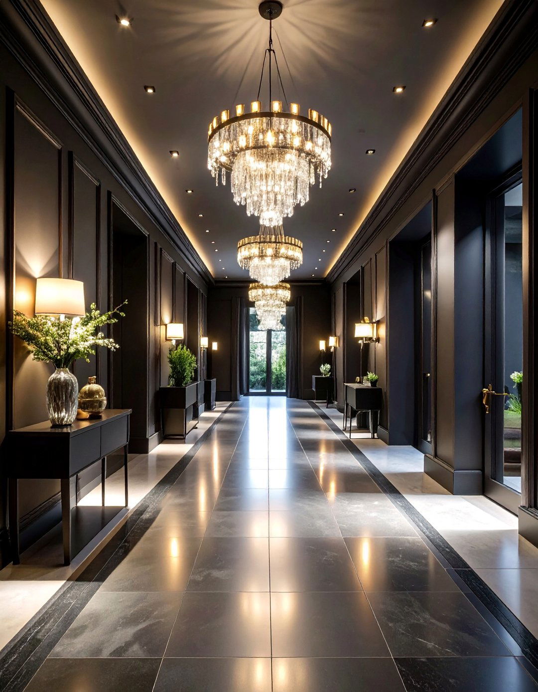 Modern Black Hallway with Statement Lighting Fixtures - 25 Black Hallway Ideas