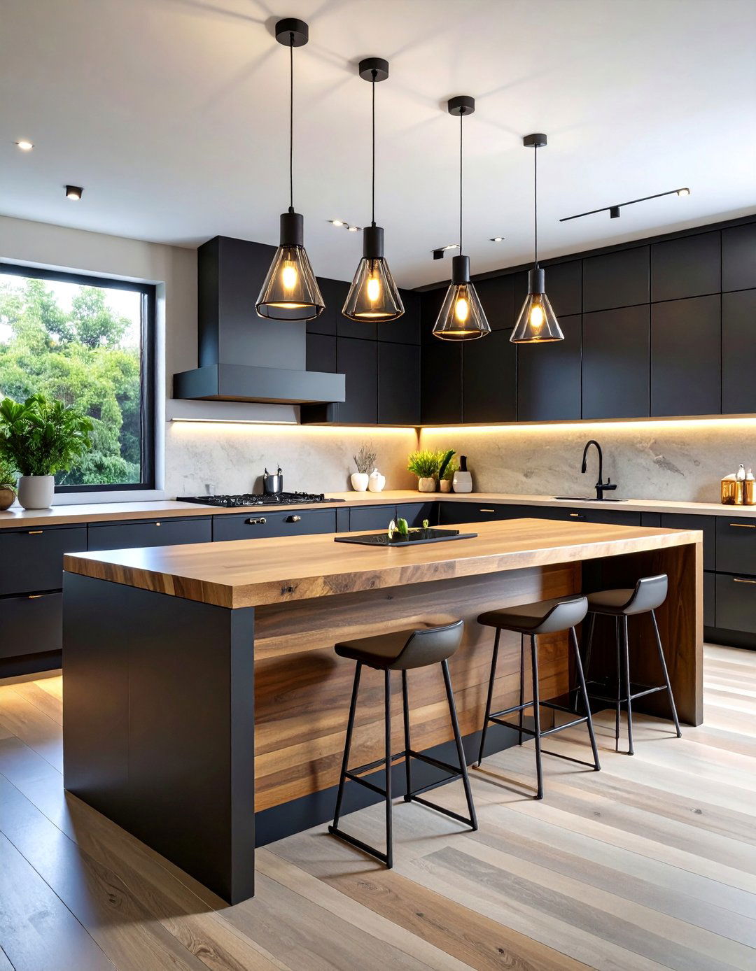 Modern Black Island with Live Edge Wood - 25 Black Kitchen Islands
