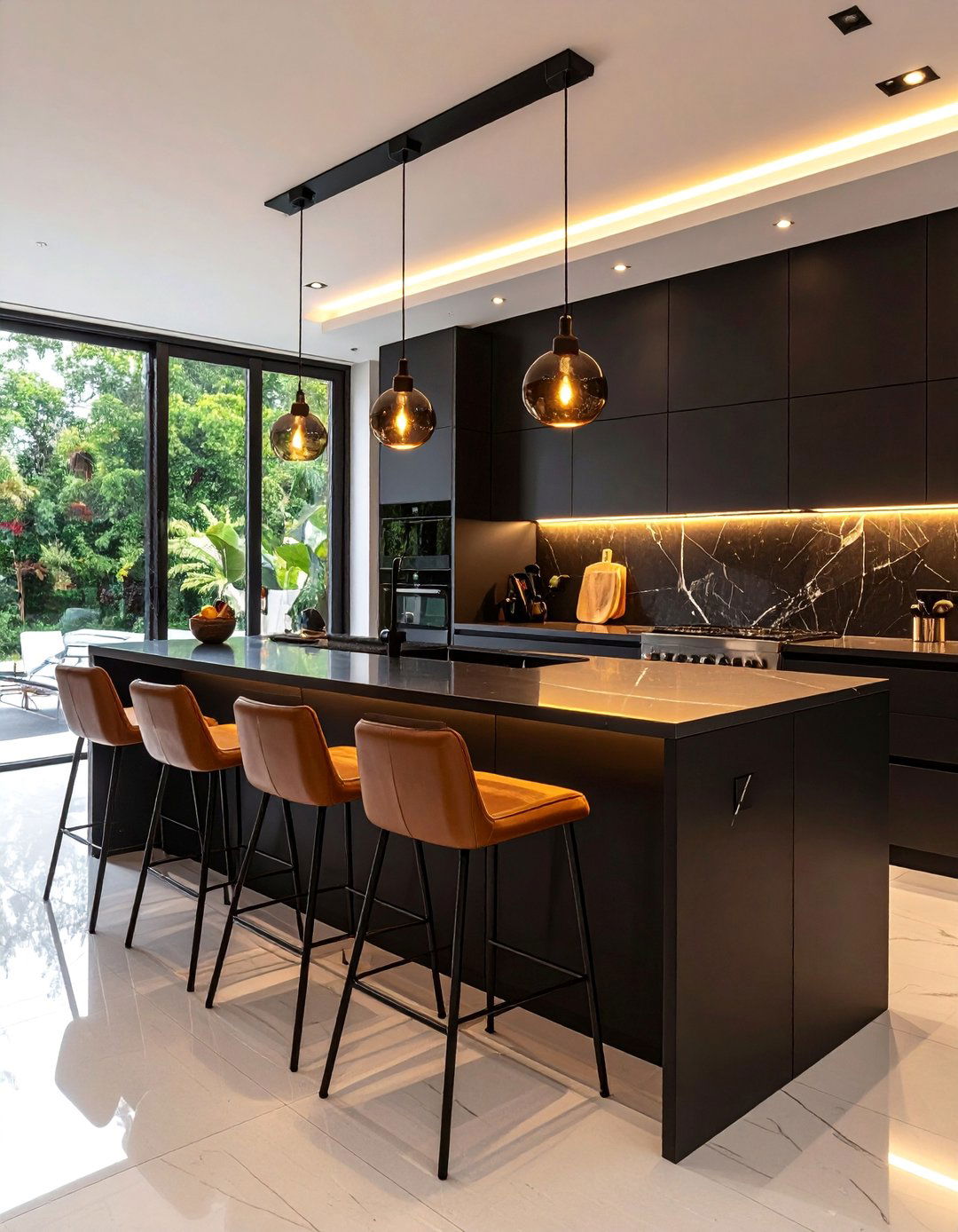 Modern Black Kitchen Island with Brown Bar Seating - 25 Black and Brown Kitchen Ideas
