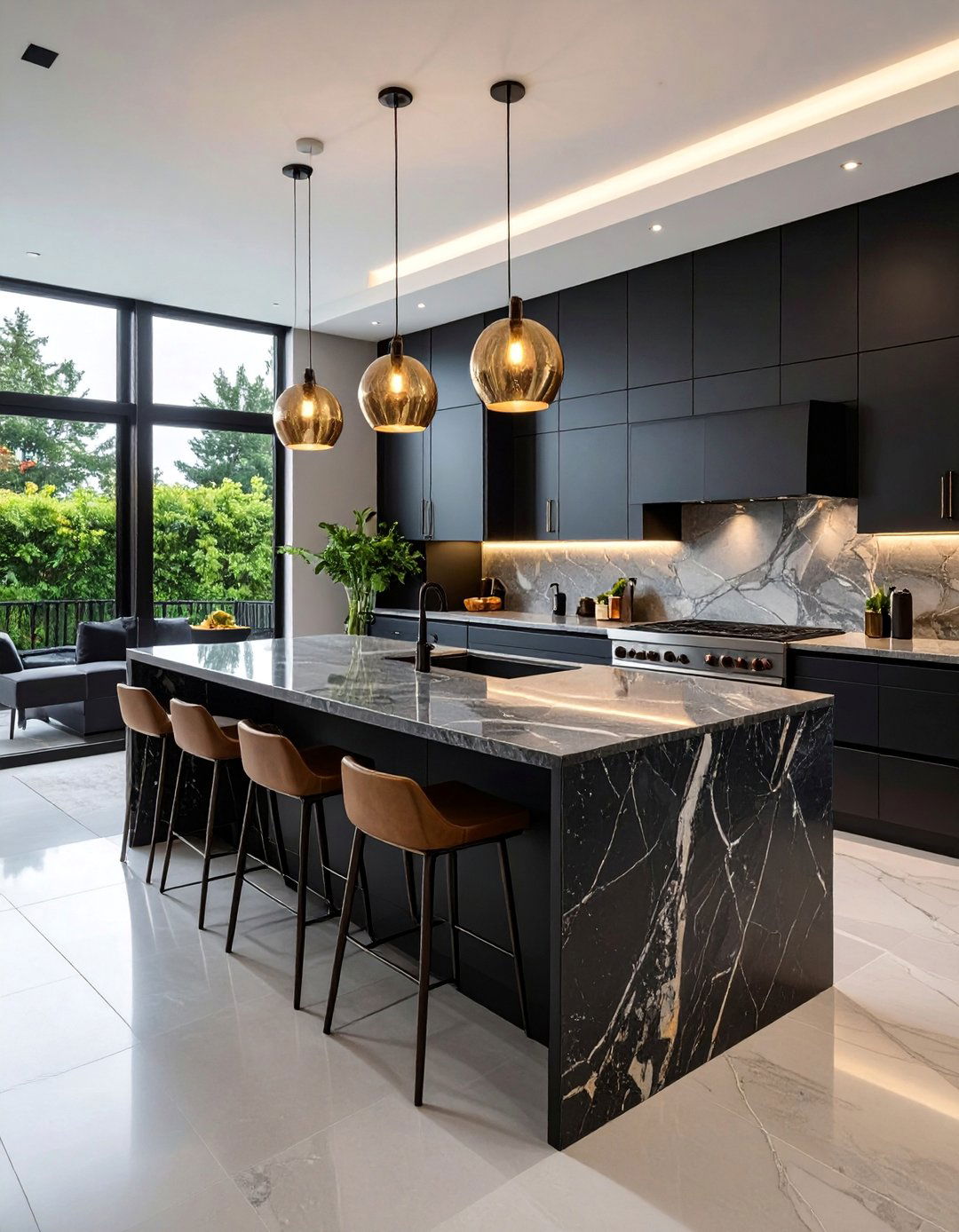 Modern Black Kitchen with Quartz Waterfall Countertops - 25 Black Kitchen Cabinet Ideas