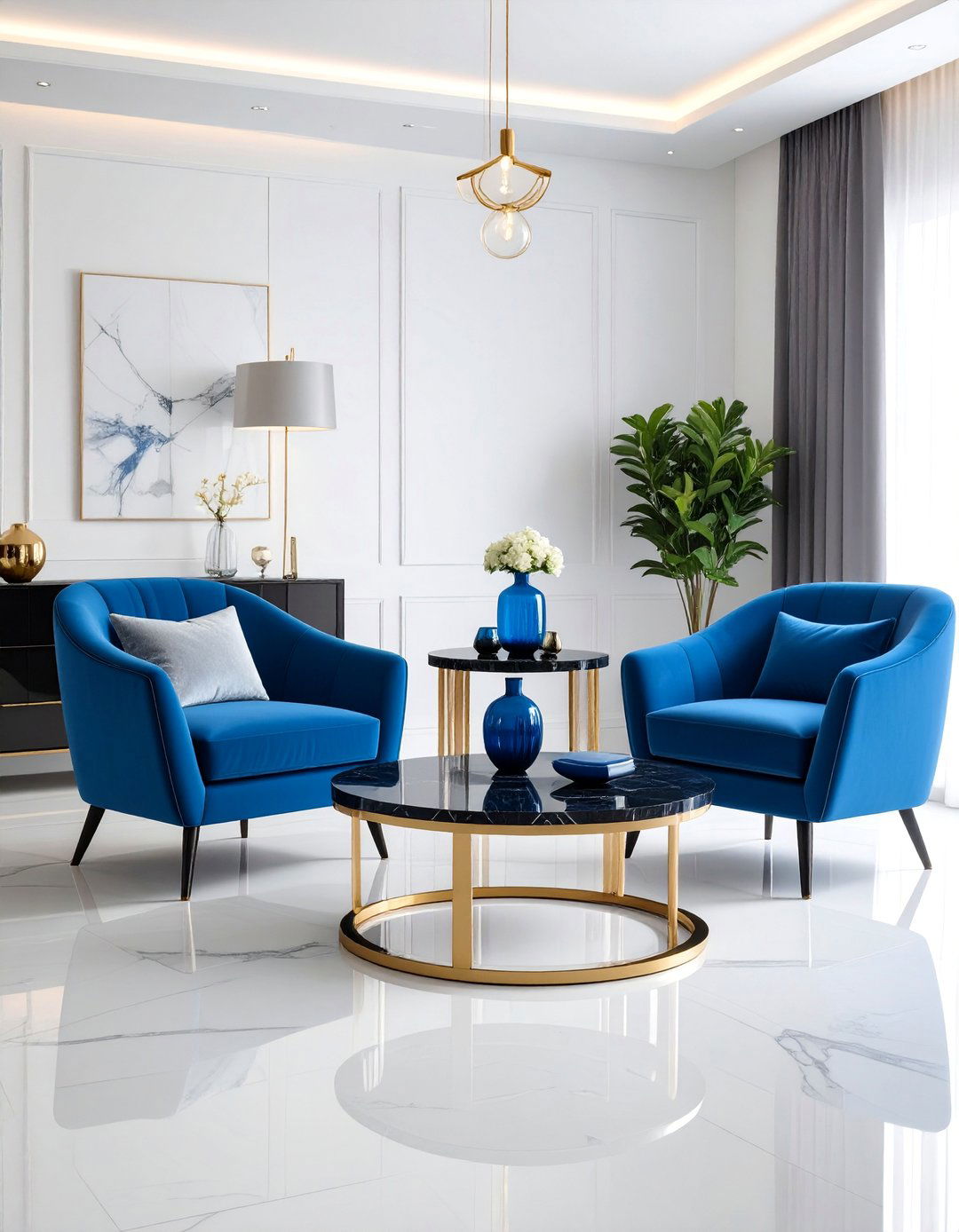 Modern Black Marble with Electric Blue Highlights - 25 Black and Blue Living Room Ideas