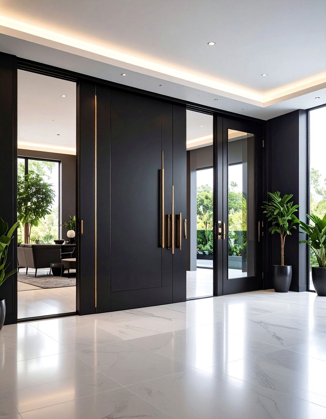 Modern Black Pivot Door with Floor to Ceiling Design - 25 Black Front Door Ideas
