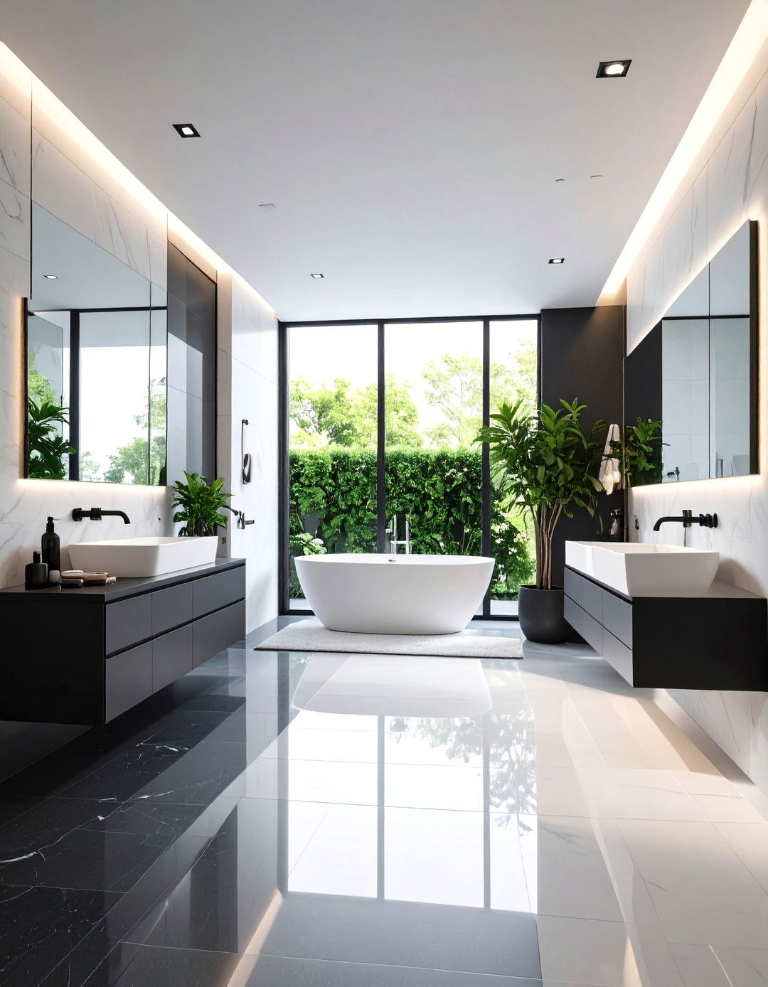 Modern Black Porcelain Large Format Floor with White Glass Tile Walls - 25 Black Floor Bathroom With White Walls Ideas