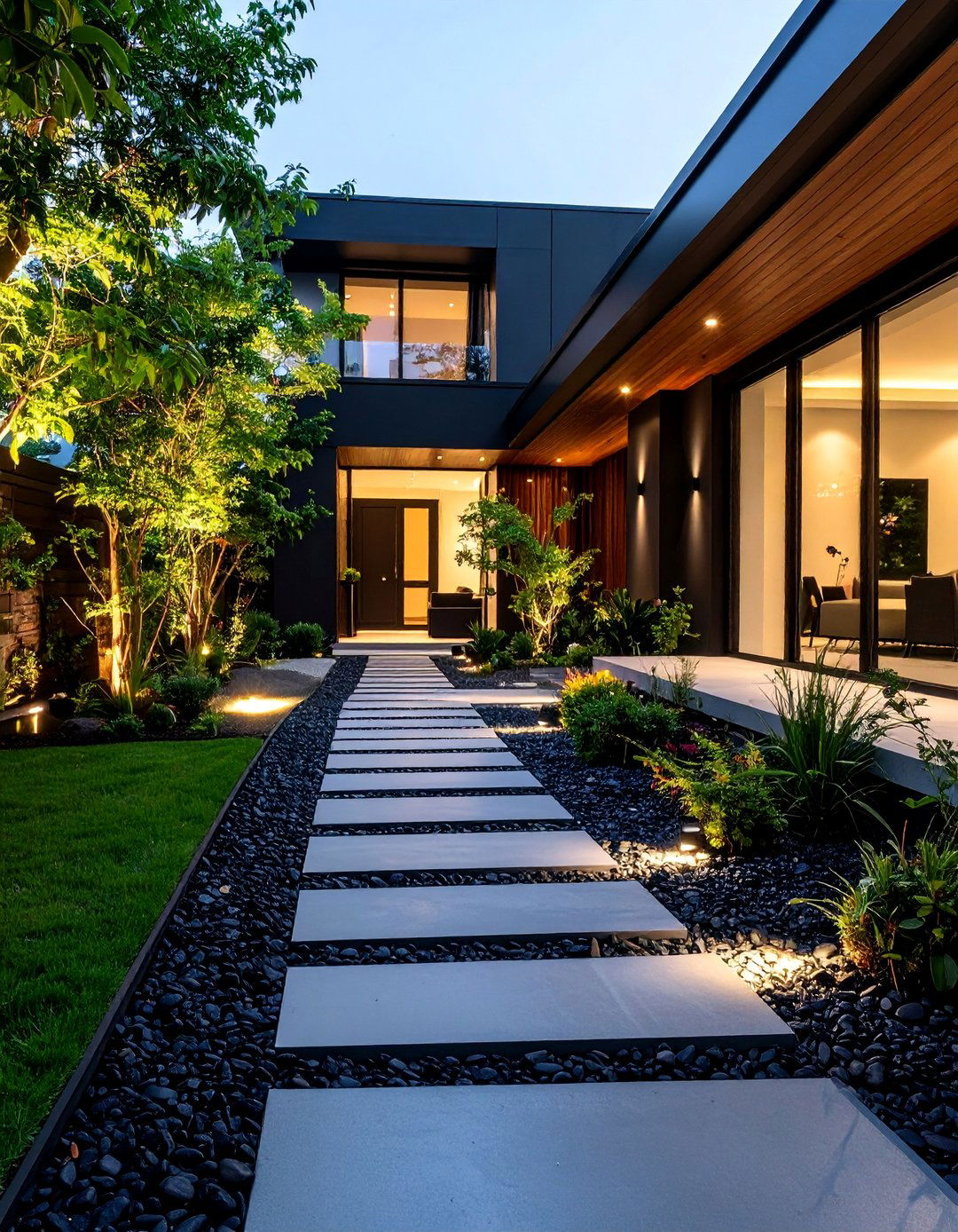 Modern Black Rock Walkway Design - 25 Black River Rock Landscaping Ideas