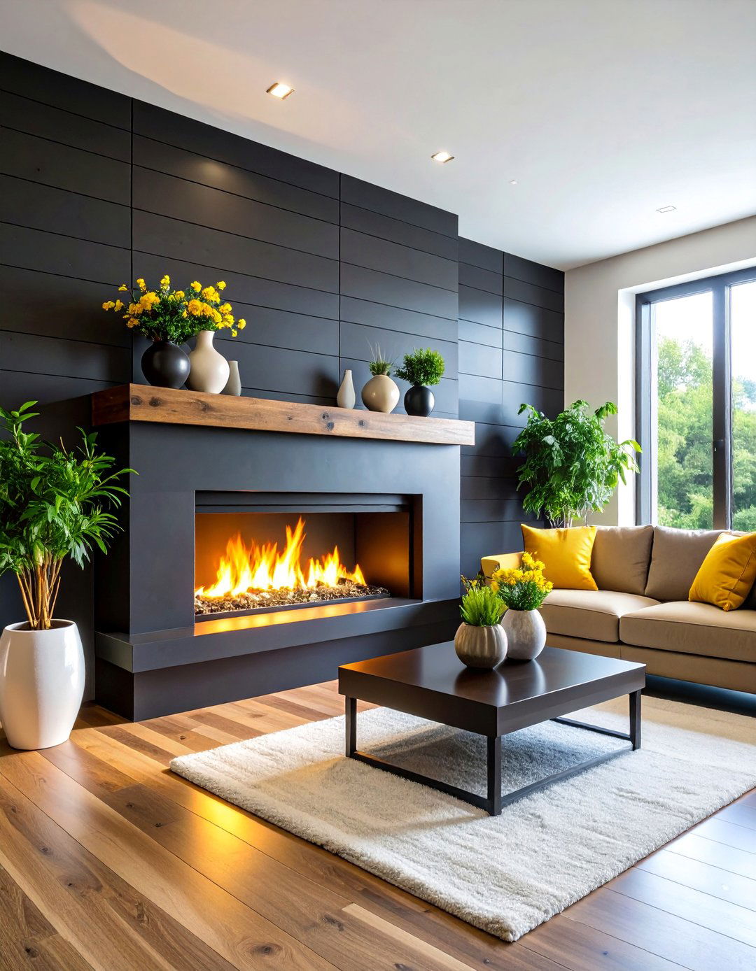 Modern Black Shiplap Fireplace with Floating Wood Mantel - 25 Black Shiplap Fireplace Ideas