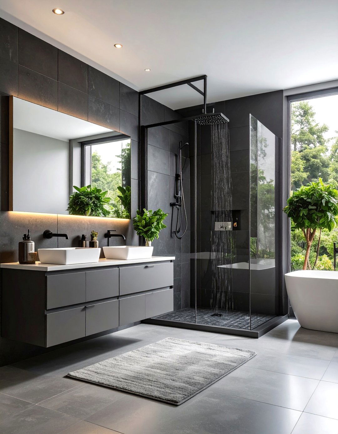 Modern Black Shower and Grey Vanity Bathroom - 25 Black and Grey Bathroom Ideas