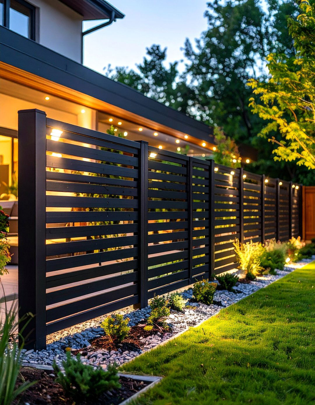 Modern Black Slat Fence with Lighting - 25 Black Fence Ideas