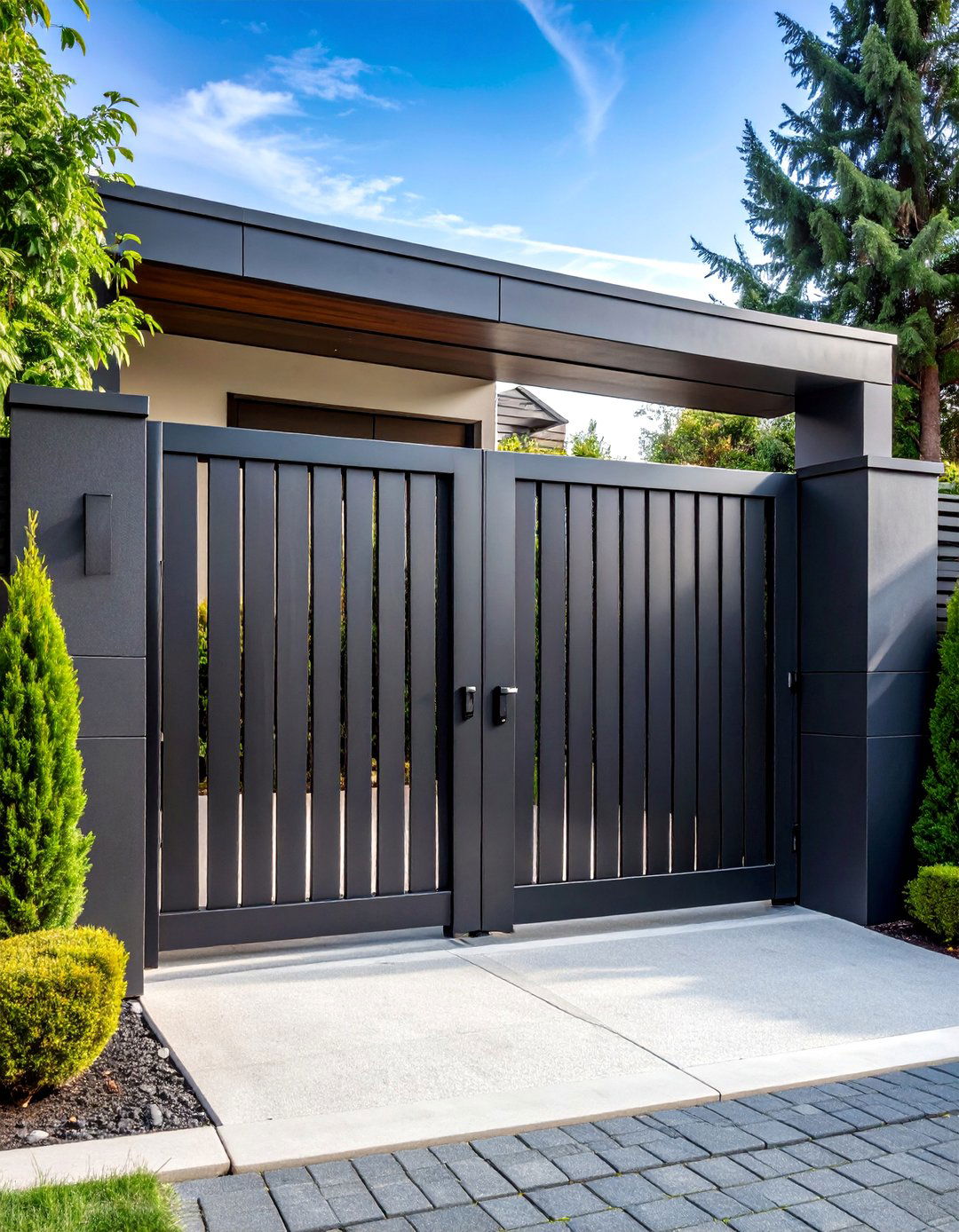 Modern Black Steel Batten Gate with Architectural Lines - 25 Driveway Gate Ideas