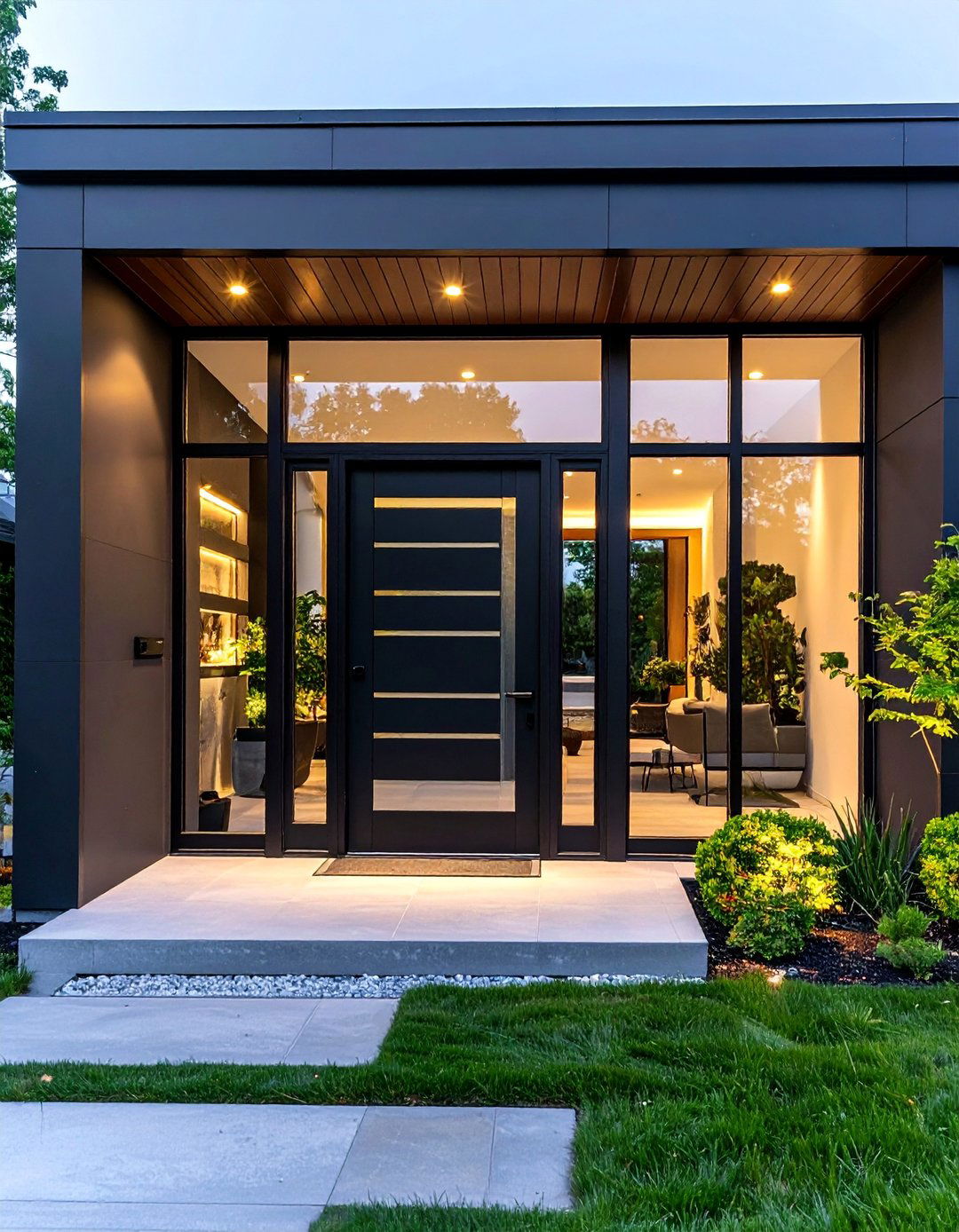 Modern Black Steel Door with Horizontal Glass Strips - 25 Black Front Door Ideas