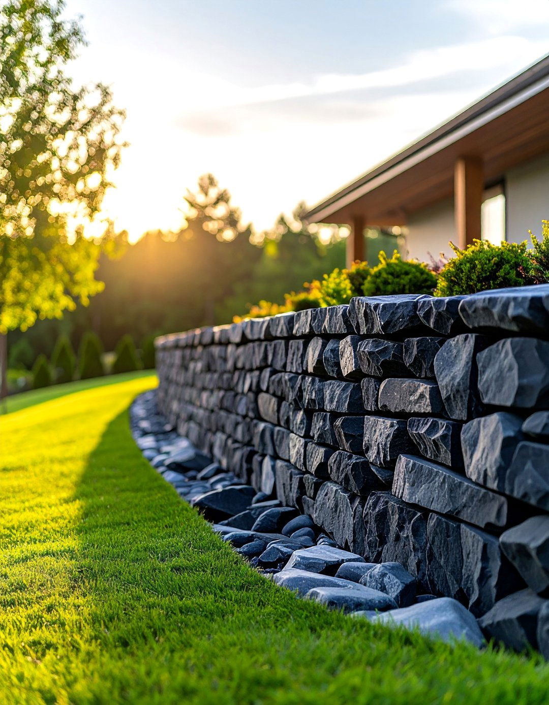 Modern Black Stone Retaining Wall - 25 Black River Rock Landscaping Ideas