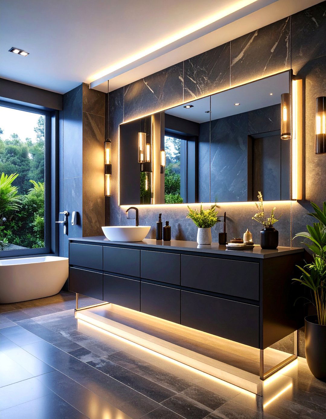 Modern Black Vanity with LED Strip Lighting - 25 Black Vanity Bathroom Ideas