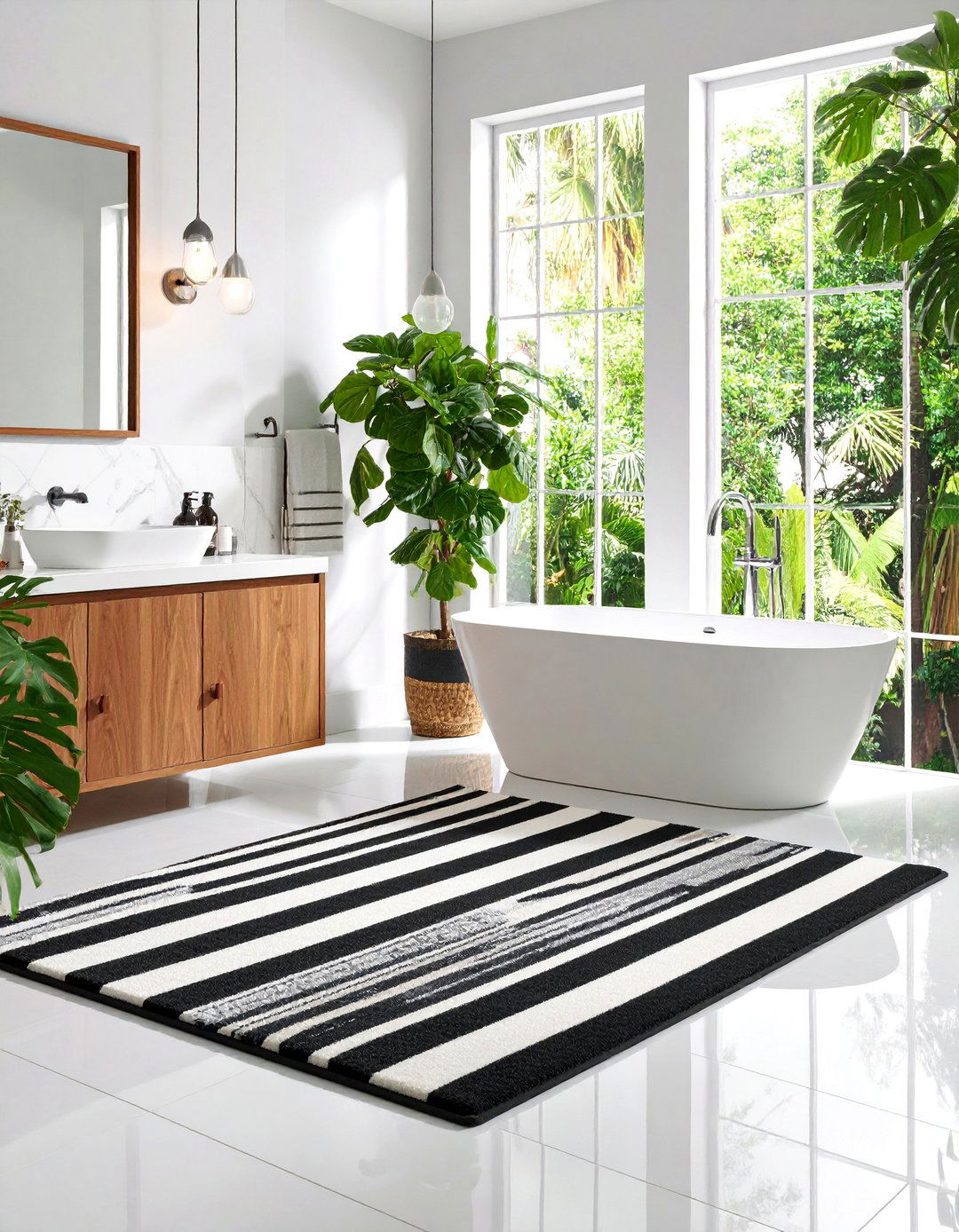 Modern Black and White Striped Mat - 25 Bathroom Rug Ideas