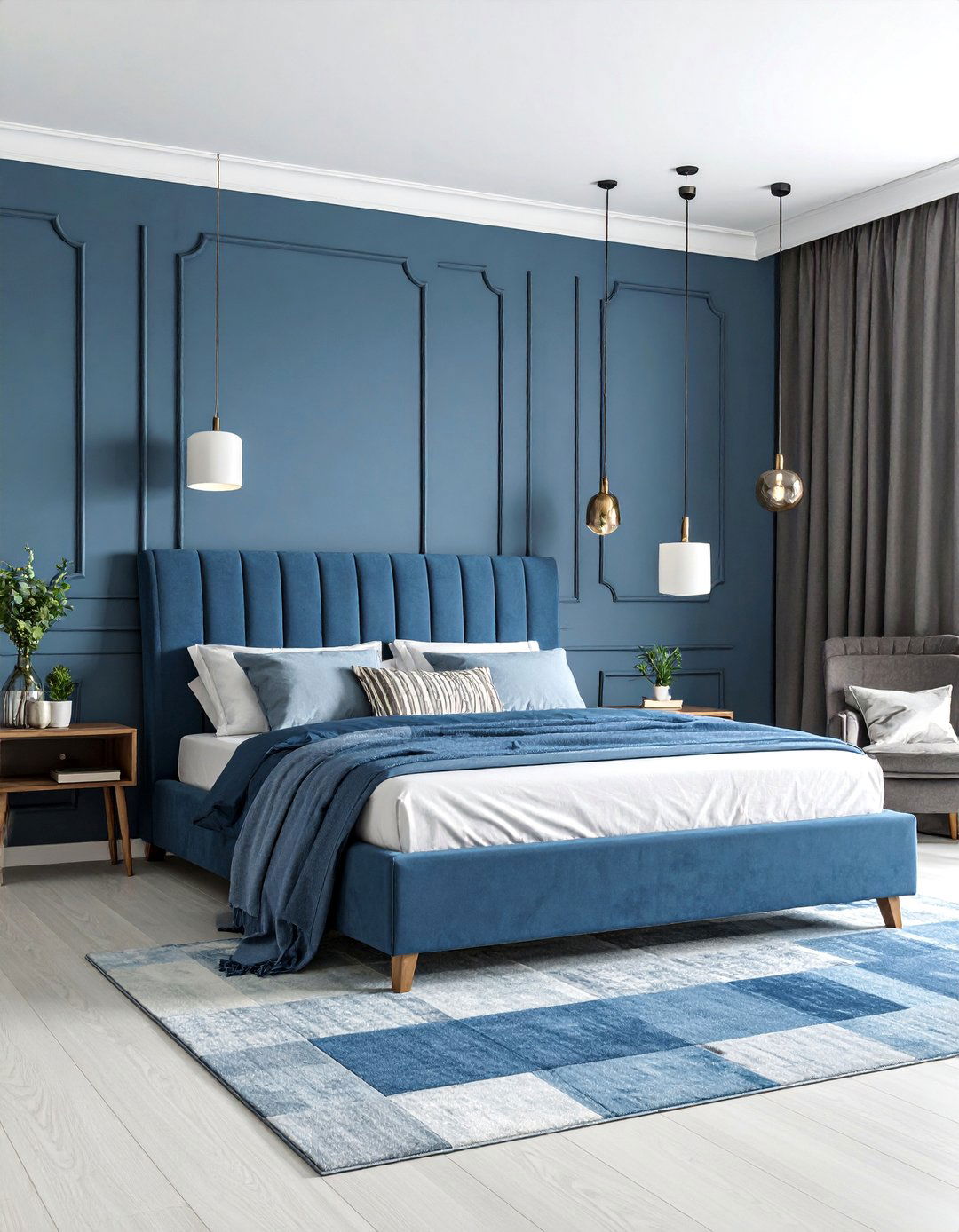 Modern Blue Bedroom with Geometric Grey Patterns - 25 Blue and Grey Bedroom Ideas