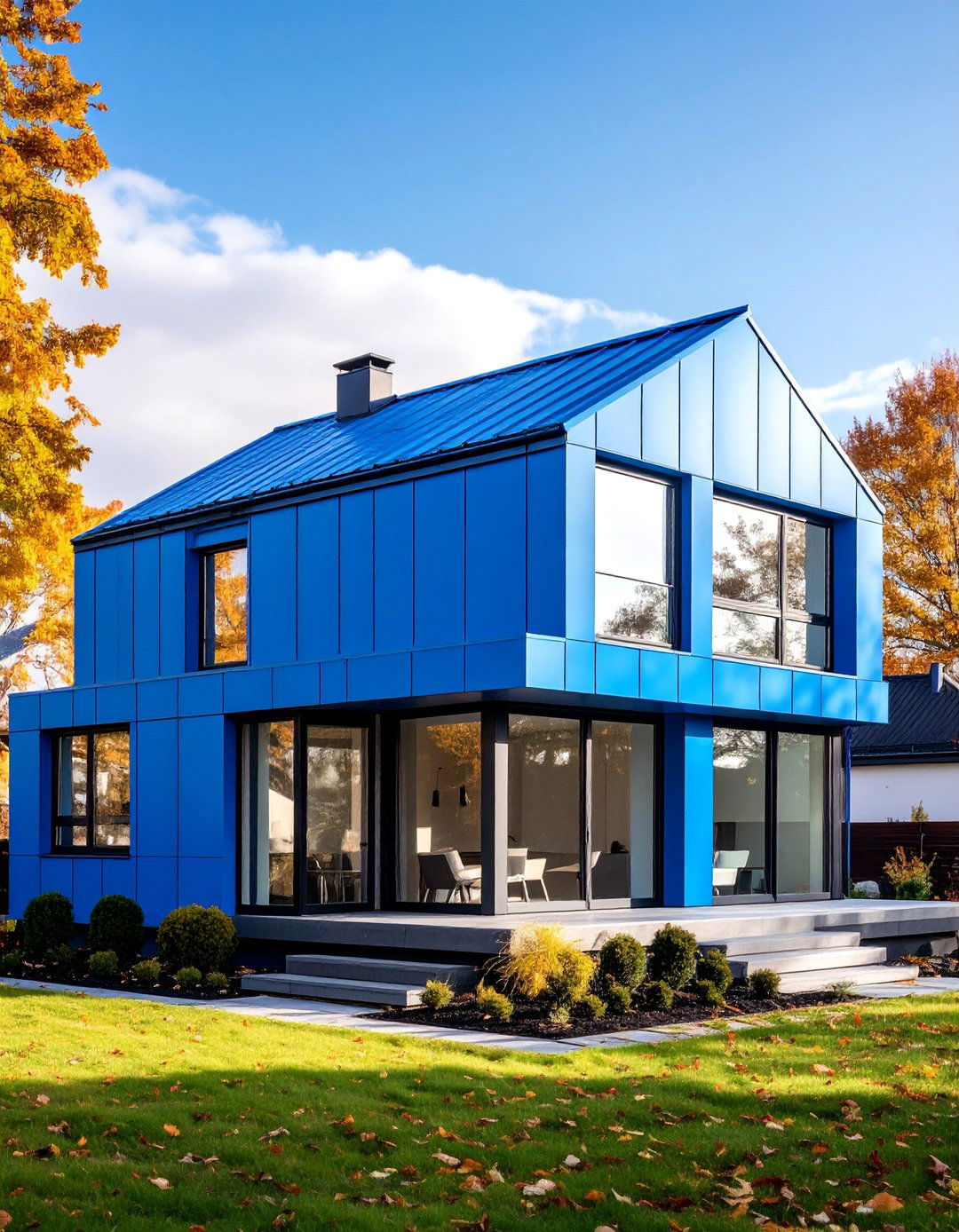 Modern Blue Metal Roof Cube House with Concrete Panels - 25 houses with blue metal roofs