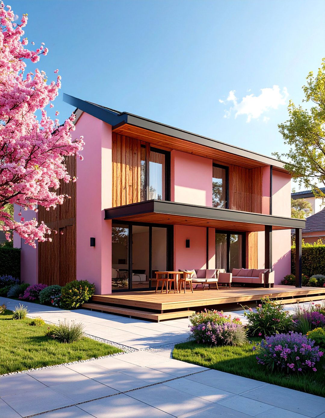 Modern Blush Pink House Exterior with Black Metal Details - 25 Pink House Exterior Ideas