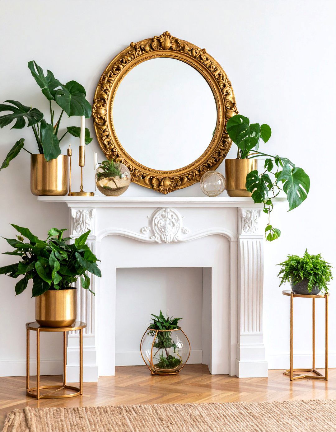 Modern Brass and Greenery Arrangement - 25 Spring Mantel Decor Ideas