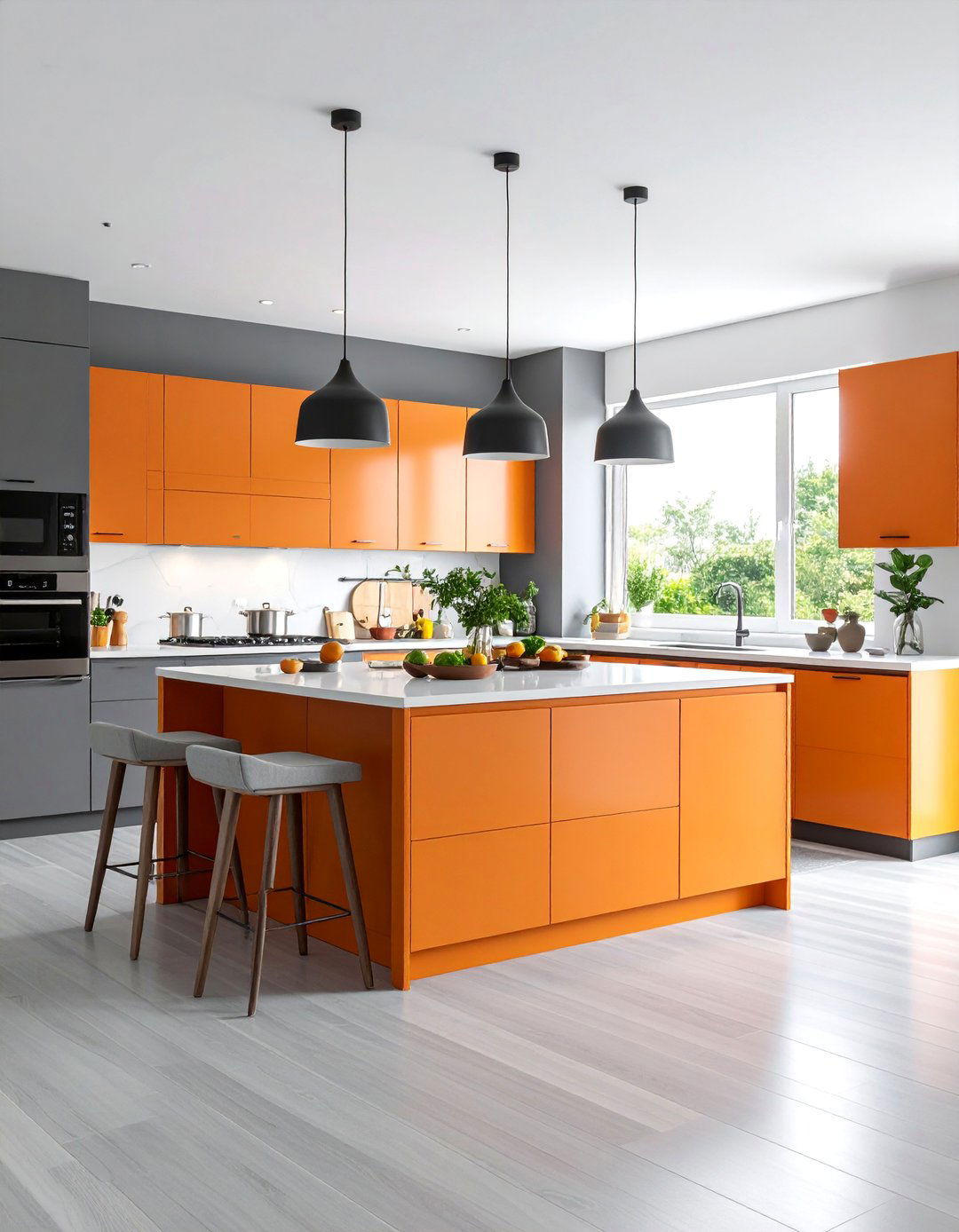 Modern Burnt Orange Kitchen Island with Gray Cabinetry - 25 Burnt Orange Kitchen Ideas