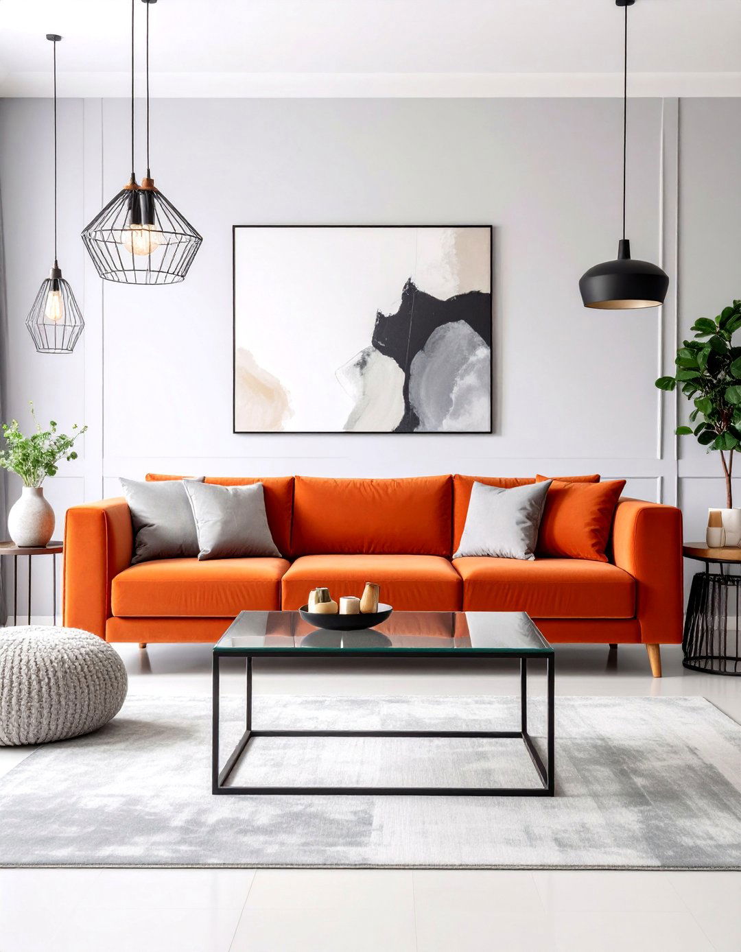 Modern Burnt Orange Velvet Sofa with Charcoal Grey Walls - 25 Orange and Grey Living Room Ideas