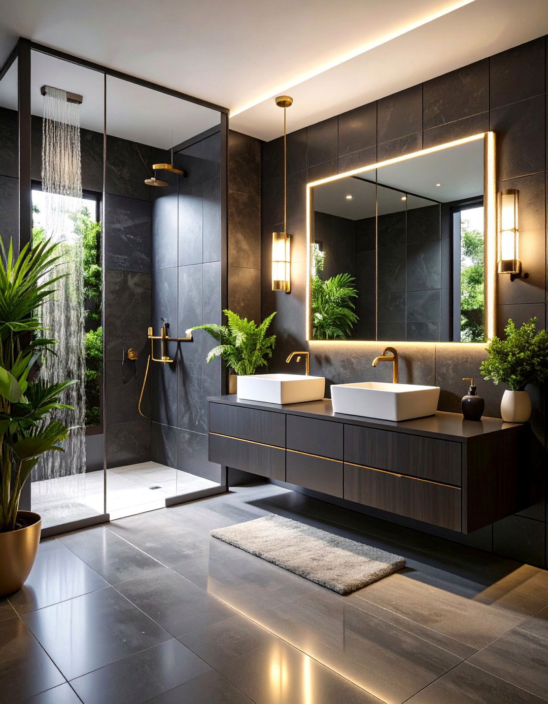Modern Charcoal Bathroom with Brass Accents - 25 Dark Bathroom Ideas
