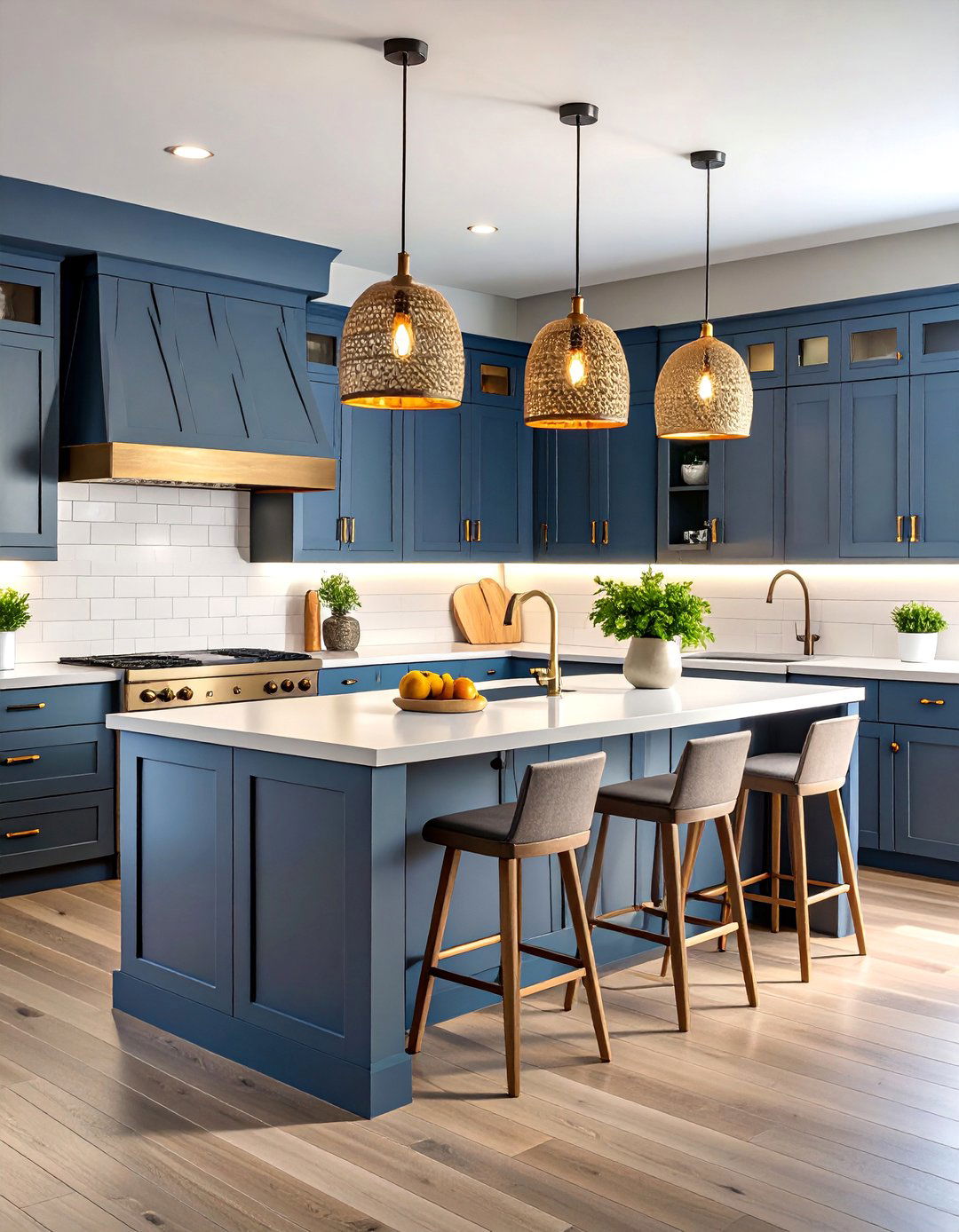 Modern Coastal Kitchen with Blue Grey Cabinets and White Quartz - 25 Grey and White Kitchen Designs