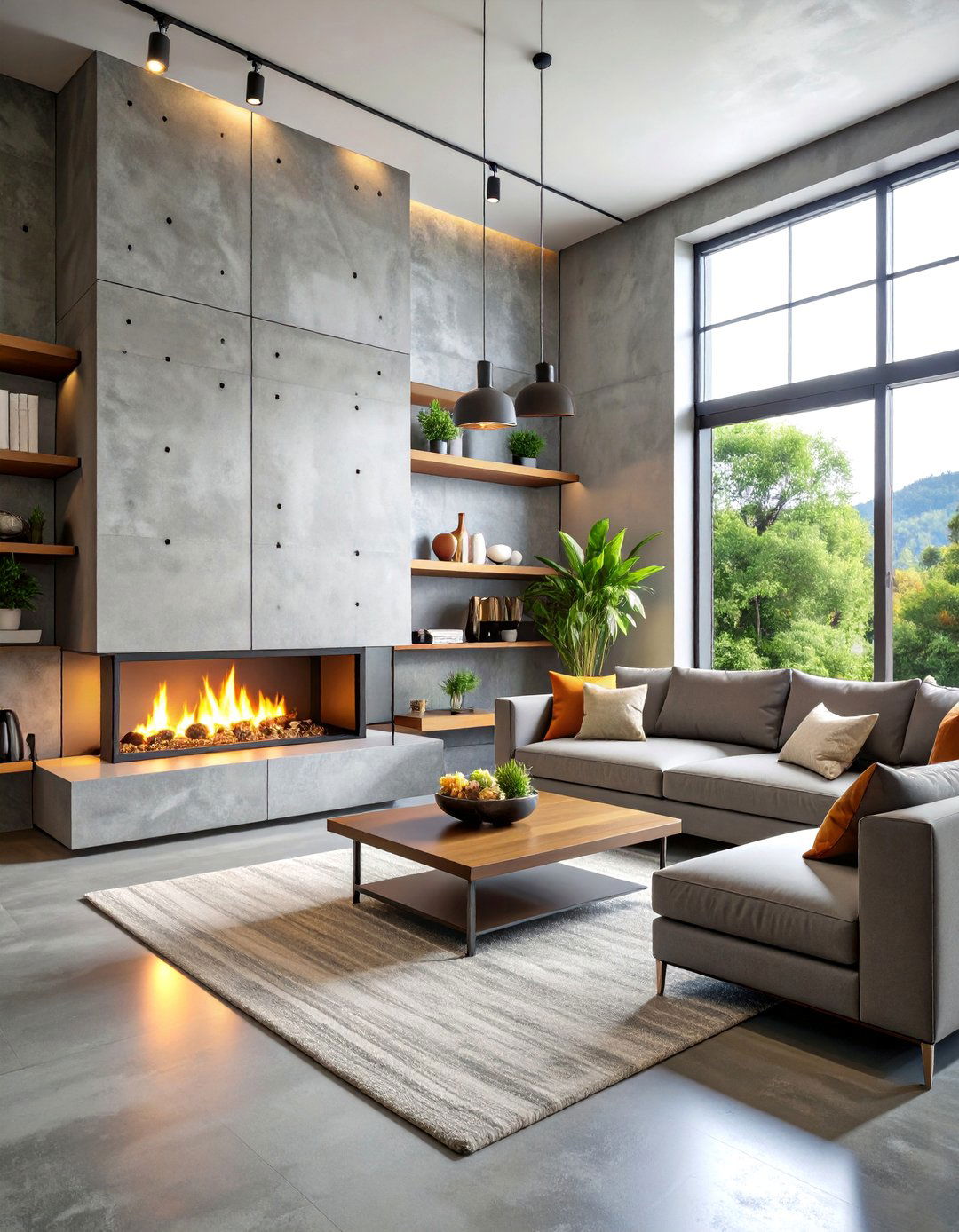 Modern Concrete Two Story Fireplace with Steel Accents - 25 Two-story Fireplace Ideas