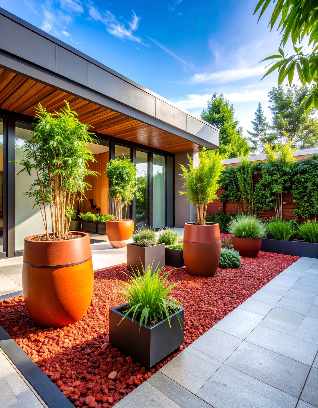 Modern Container Garden with Lava Rock Mulch - 25 Red Lava Rock Landscaping Ideas