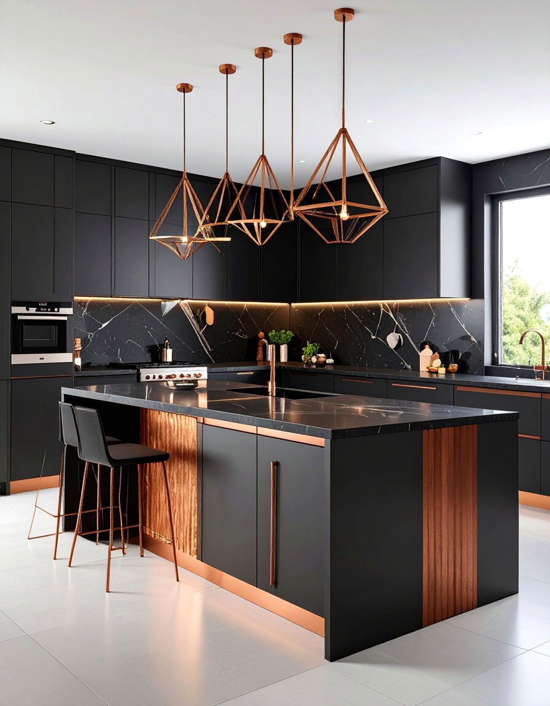 Modern Copper Strip Accents with Black Geometric Cabinets