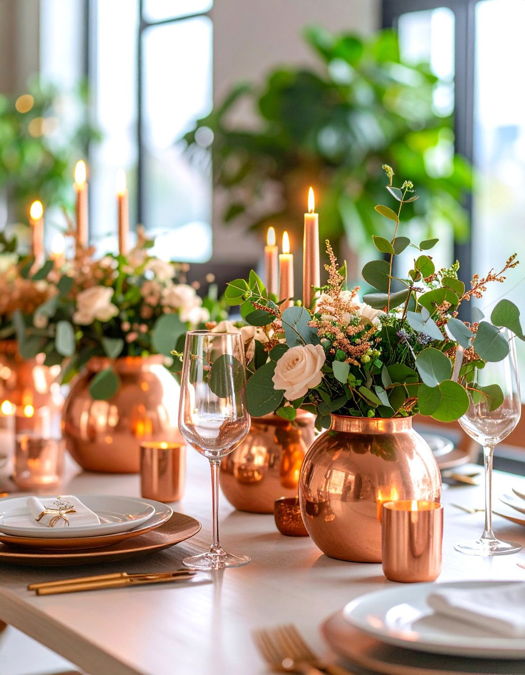 Modern Copper and Eucalyptus Arrangements - 25 Rehearsal Dinner Centerpiece Ideas