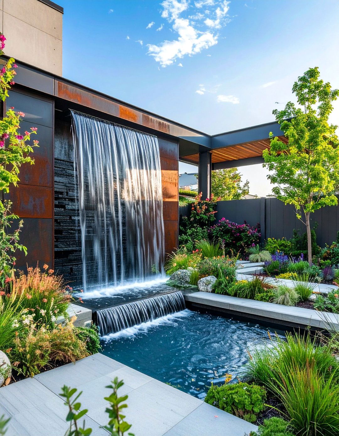 Modern Corten Steel Waterfall - 25 Backyard Fountain Ideas
