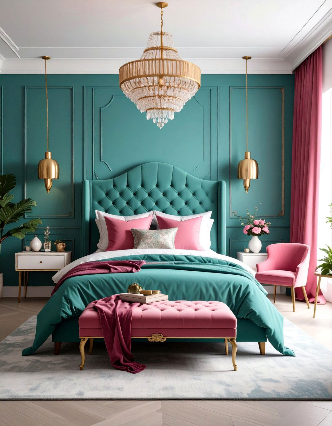 Modern Eclectic Teal and Magenta Pink Bedroom with Mixed Patterns - 25 Teal and Pink Bedroom Ideas