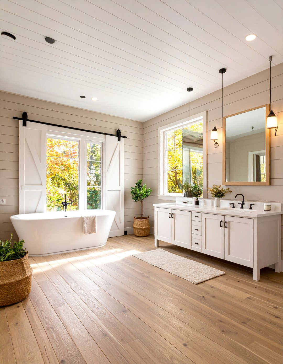 Modern Farmhouse Bathroom with Beige Shiplap and White Barn Doors - 25 Beige and White Bathroom Ideas