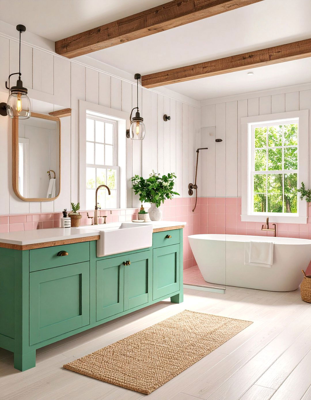 Modern Farmhouse Bathroom with Shiplap and Mint Green Cabinetry - 25 Pink and Green Bathroom Design Ideas