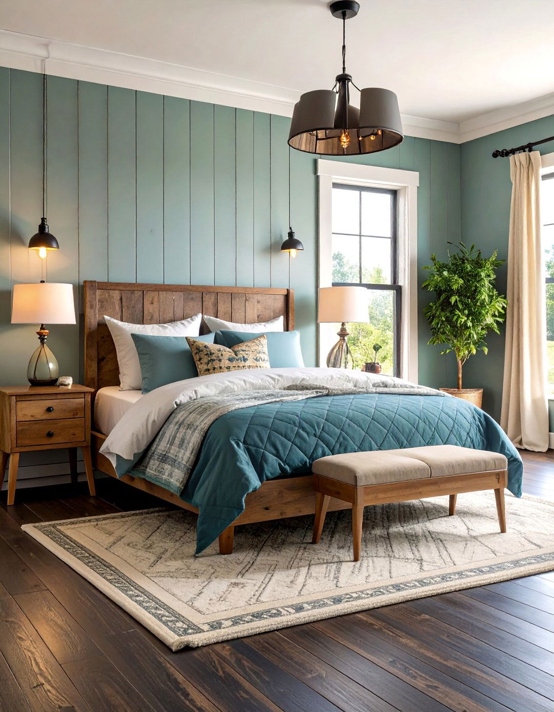 Modern Farmhouse Bedroom with Black Distressed Wood Floors and Shiplap Walls - 25 Black Floor Bedroom Ideas