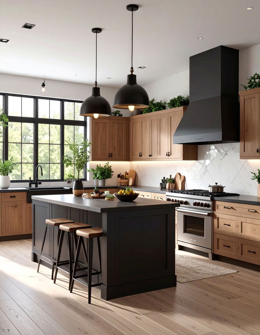 Modern Farmhouse Black Island with Brown Perimeter Cabinets - 25 Black and Brown Kitchen Ideas