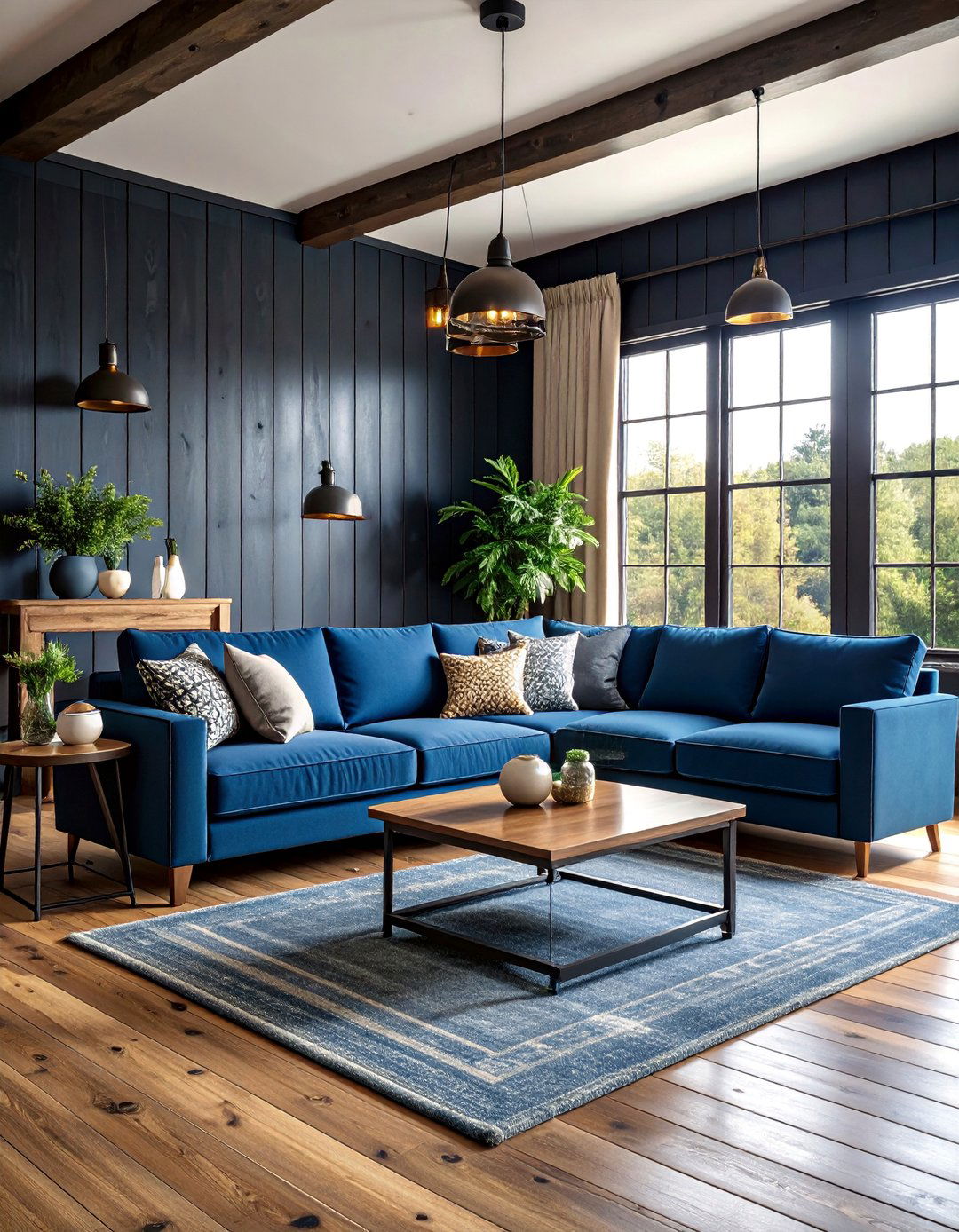 Modern Farmhouse Black Shiplap with Denim Blue Accents - 25 Black and Blue Living Room Ideas