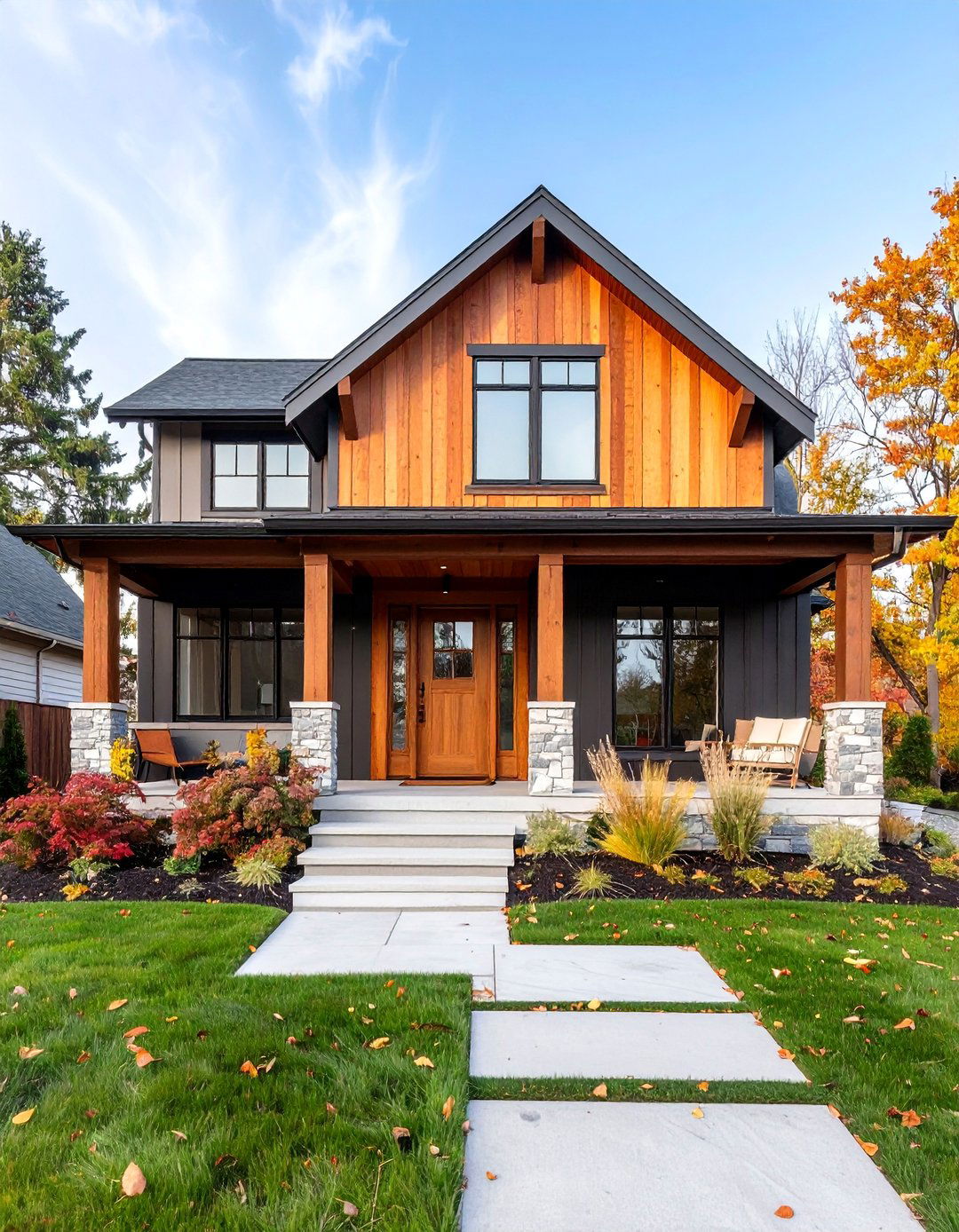 Modern Farmhouse Black Siding with Cedar Front Door - 25 Black House With Wood Accents