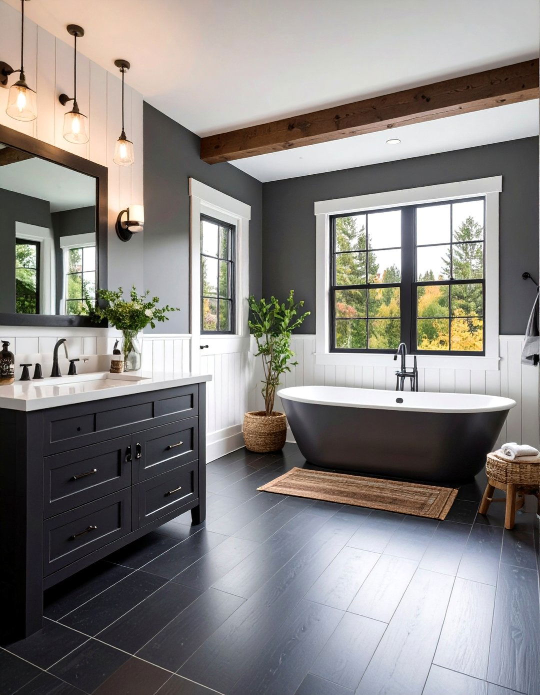 Modern Farmhouse Black Tile Floor with White Beadboard - 25 Black Floor Bathroom With White Walls Ideas